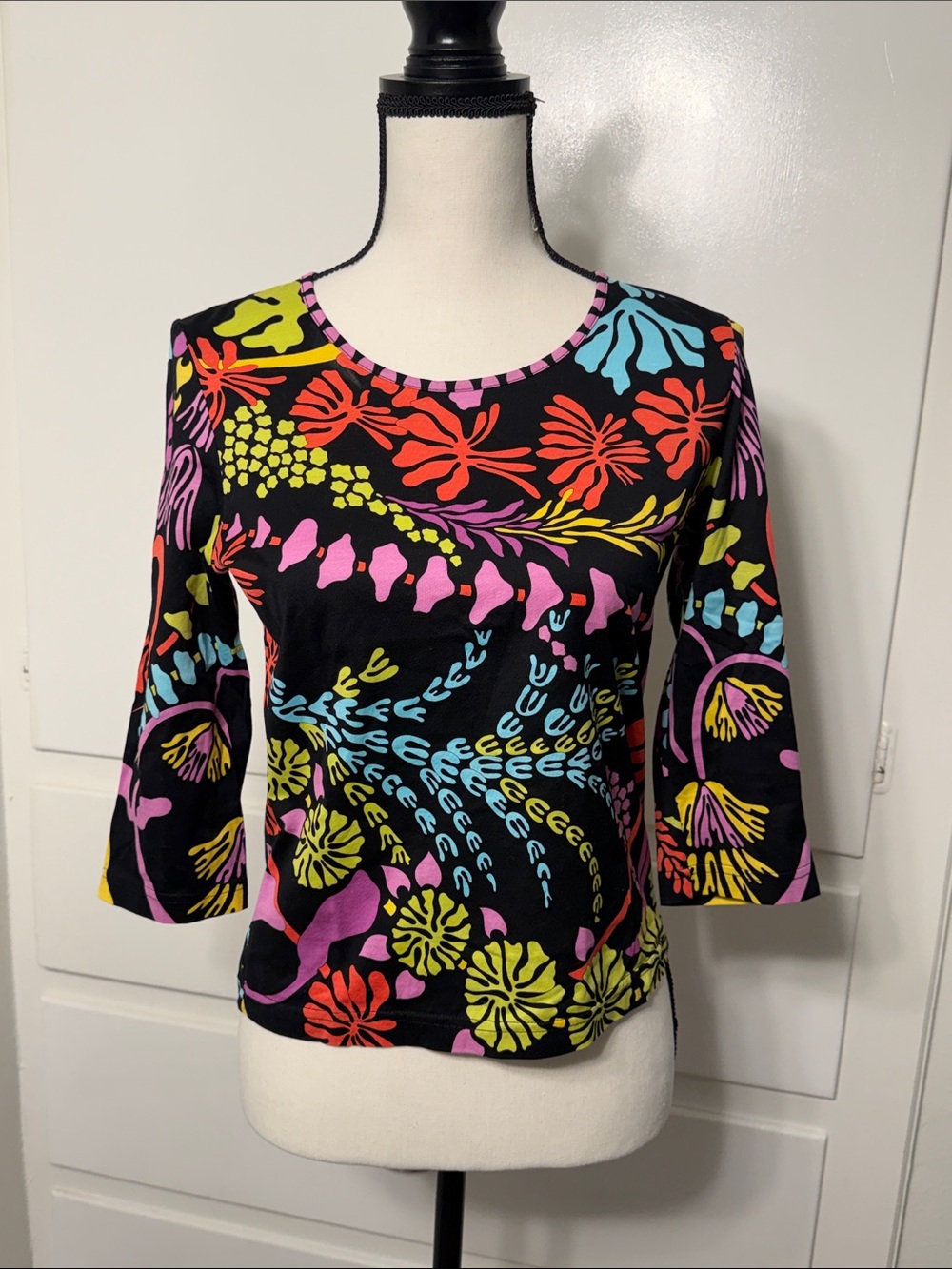 Vtg Debra C Beverly Hills Made in Italy 100% Cotton Abstract Floral Top